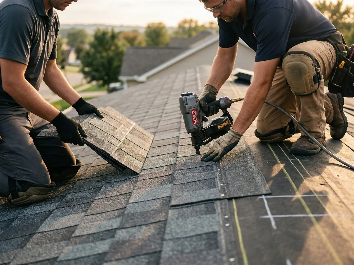 Professional roofer working on a residential roof in Cortlandville
